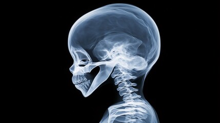An intricate X-ray of a fetus at 9 months in the womb, showing the fully developed skeletal structure ready for birth