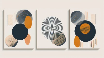 Three abstract minimalist wall art prints with geometric shapes, lines, and swirls in orange, blue, and brown.