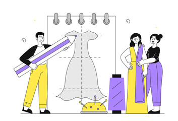 Fashion designers team. Woman and man with pencil near drawing of dress and model. Tailor and seamstress. Handmade clothes. Stylish and trendy apparel. Linear vector illustration