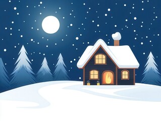Fototapeta premium Cozy winter scene with a snow-covered house, bright moon, and pine trees under a starry night sky, creating a serene holiday atmosphere.