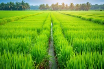 Selective and soft focus green grass rice field background