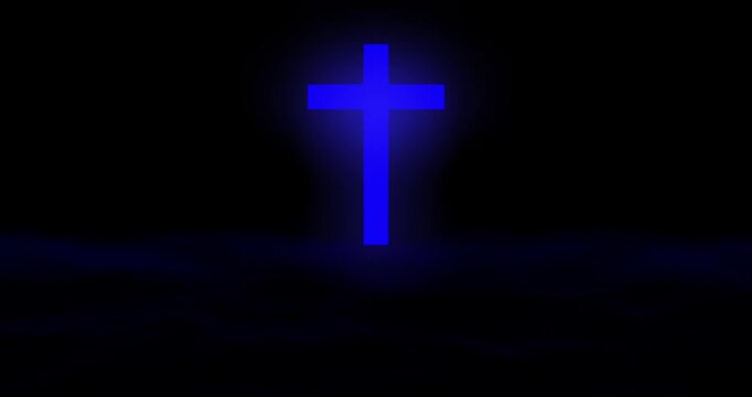 Blue cross on black background. wavy particles and beautiful light rays coming from the cross of Jesus. Salvation, truth and atonement from sins, Christianity and Holy Spirit 