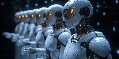 A Row of Futuristic White Robots in a Dark Environment