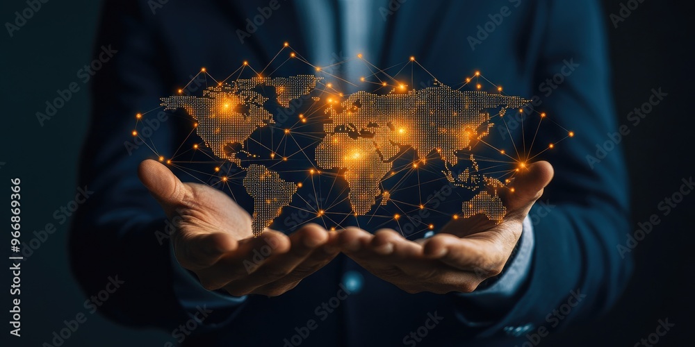Aufkleber businessman holding Global network connection. Big data analytics and business intelligence concept. World map point and line composition concept of global business. Digi