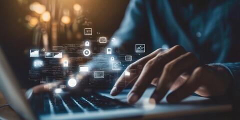 Data Search Technology Search Engine Optimization. man's hands are using a computer notebook to Searching for information. Using Search Console with your website