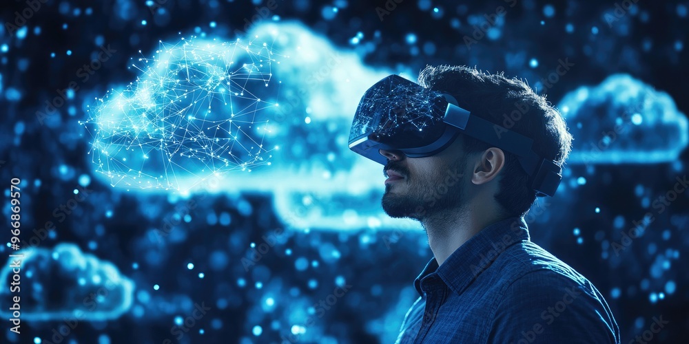 Leinwandbilder man wearing vr glasses and accessing the cloud computing technology internet storage network concept