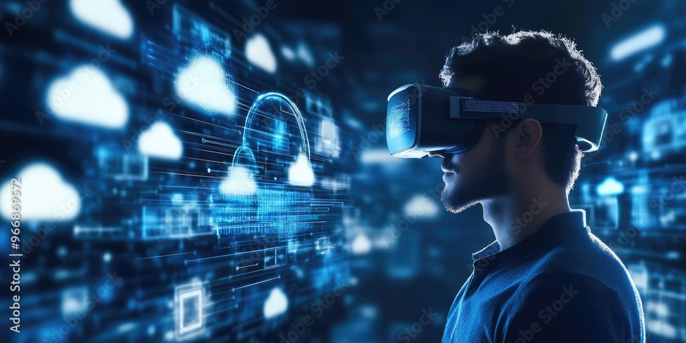 Poster man wearing VR glasses and accessing the Cloud Computing Technology Internet Storage Network Concept And a large database big data Through internet technology