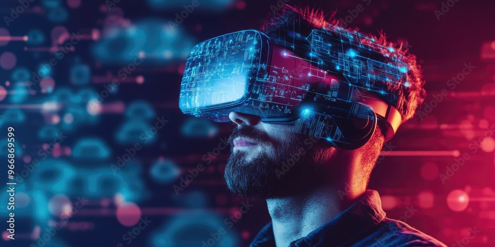 Fototapete man wearing vr glasses and accessing the cloud computing technology internet storage network concept