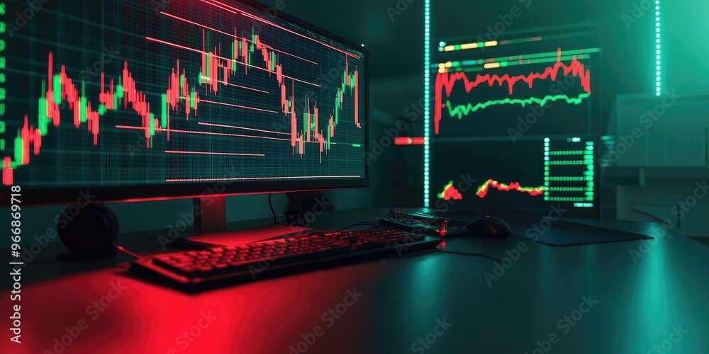 Aufkleber planning and strategy, Stock market, trader or investor working at home. Technical price graph and indicator, red and green candlestick chart and stock trading computer s