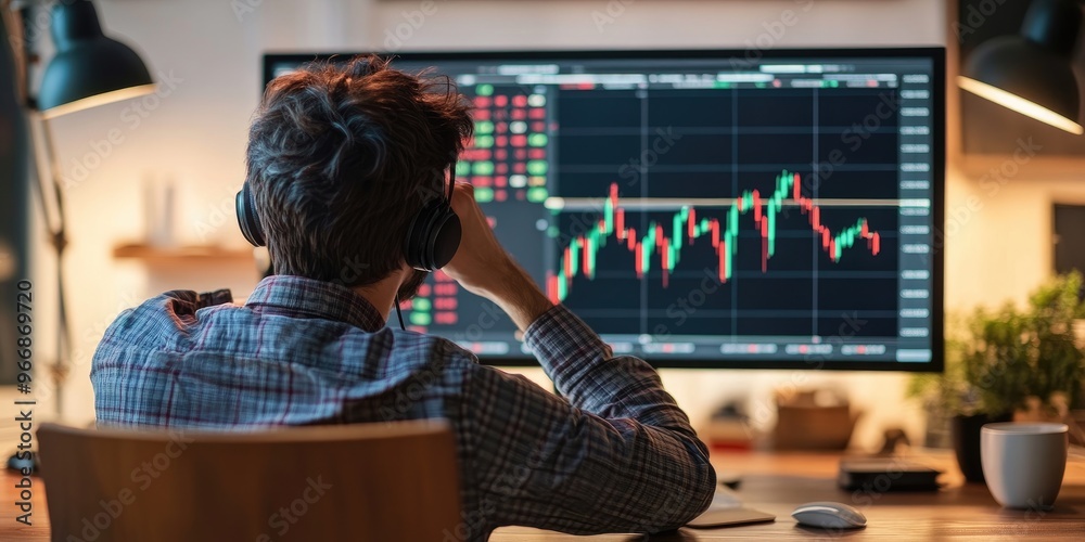 Aufkleber planning and strategy, stock market, trader or investor working at home. technical price graph and i
