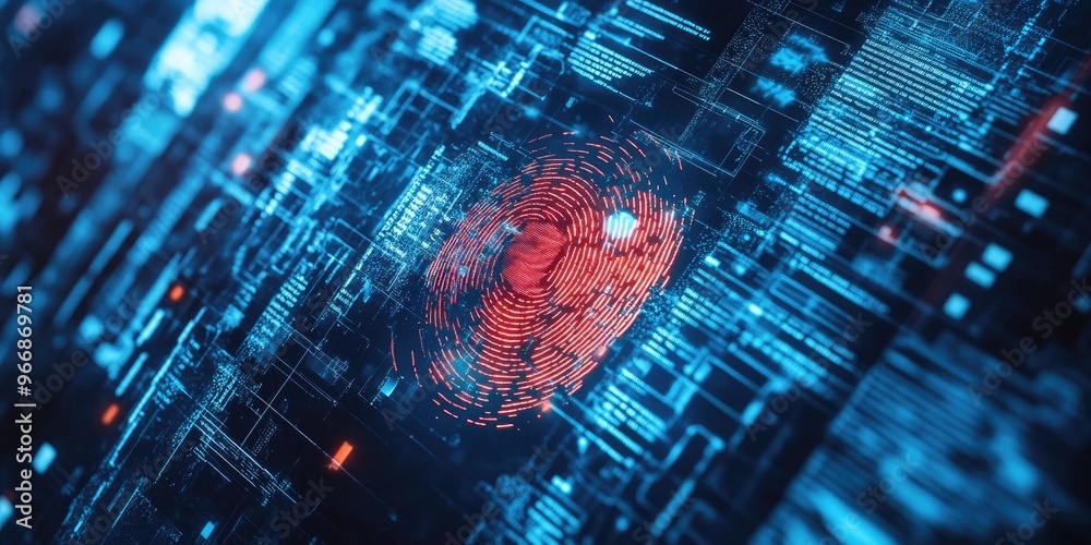 Poster futuristic digital processing of biometric identification fingerprint scanner. concept of surveillan