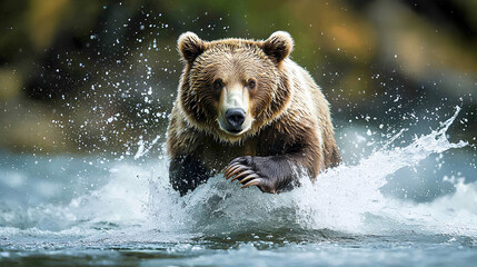 Obraz premium Grizzly Bear Splashing in River Water
