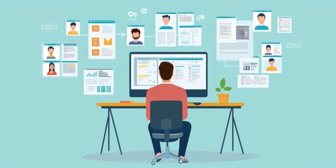 job search concept, find your career, Man looking at online website by computer. Peoplesearching for vacancies or position on the internet, recruiting, finding jobs. Unem