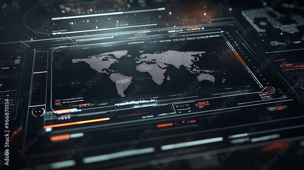Poster world map display on futuristic digital interface