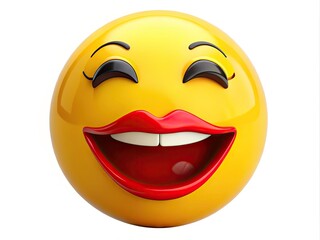 Fototapeta premium Vibrant yellow emoticon face with bold black outline and striking red lips, expressing excitement and energy, isolated on a plain white background.