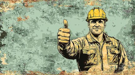 Fototapeta premium Smiling male worker in a hard hat giving a thumbs-up gesture.