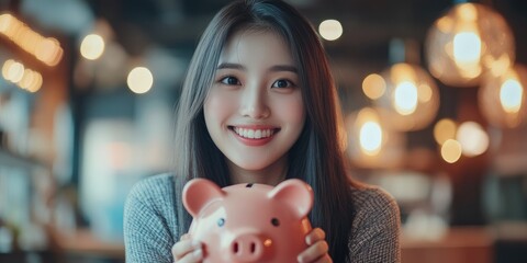 Obraz premium Happy smart Asian woman saving money in a piggybank. saving and money concept