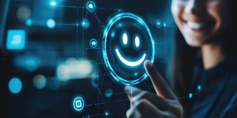 Customer service and Satisfaction concept, Business people touching the virtual screen on the happy Smile face icon to give satisfaction in service. rating very impressed