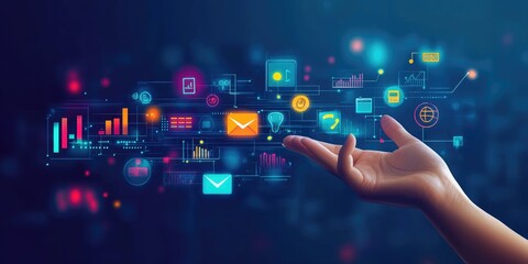 Obraz premium Hand shows the sign and icon of Digital marketing internet advertising and sales increase business technology concept, online marketing, E-business, Ecommerce, Business o
