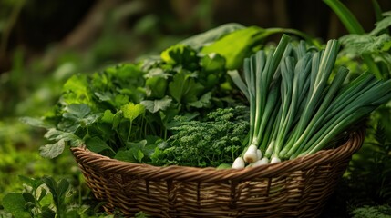 Naklejka premium A close-up shot of a basket filled with foraged vegetables, featuring wild leeks, sorrel, and chickweed, surrounded by the lush greenery of a forest in spring