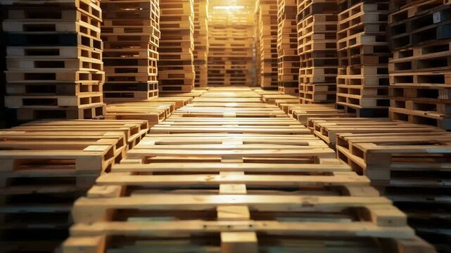 Neatly stacked wooden pallets in warehouse corridor, bathed in sunlight, showcase efficient storage and transportation. Orderly business operations highlighted by empty corridor pattern