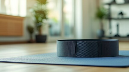 A waist reducer placed on a workout mat, with space for text promoting healthy living and exercise.
