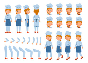Female chef constructor. Woman in apron and hat. Pack of heads, legs and hands for creating animations. Catering occupation. Flat vector collection