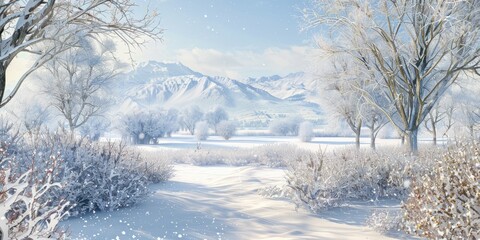Obraz premium Snow-Covered Meadow with Distant Mountains - A peaceful winter scene of a snow-covered meadow with distant mountains in the background