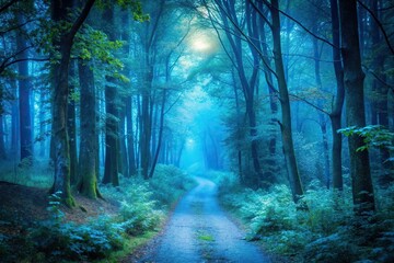 Obraz premium serene mysterious forest path illuminated blue hue inviting exploration tranquility