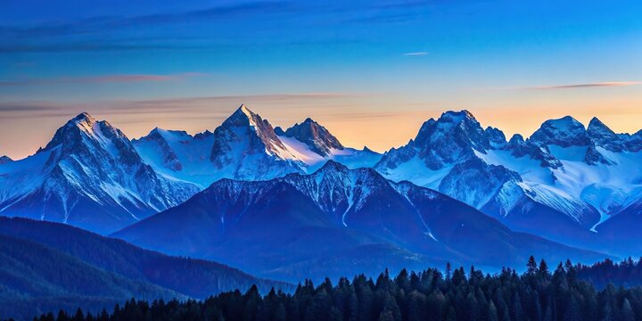 Serene mountain range with snow capped peaks silhouette during blue hour