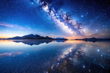 Naklejka premium Serene nighttime landscape of salt flat with reflective water, silhouetted mountains, and starry sky