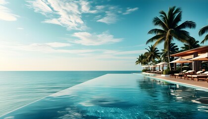 Serene infinity pool overlooking ocean with palm trees, embodying luxury and relaxation for summer vacation and travel inspiration