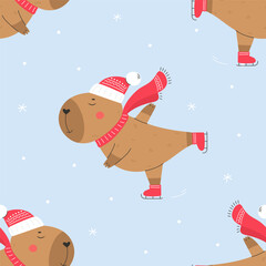 Seamless vector pattern with ice skating capybara