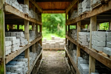 Wooden Shelving Filled with Stacked Concrete Blocks