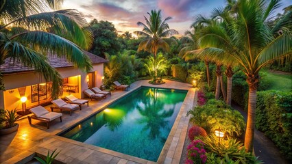Fototapeta premium Serene tropical oasis with evening glow and poolside comfort high angle