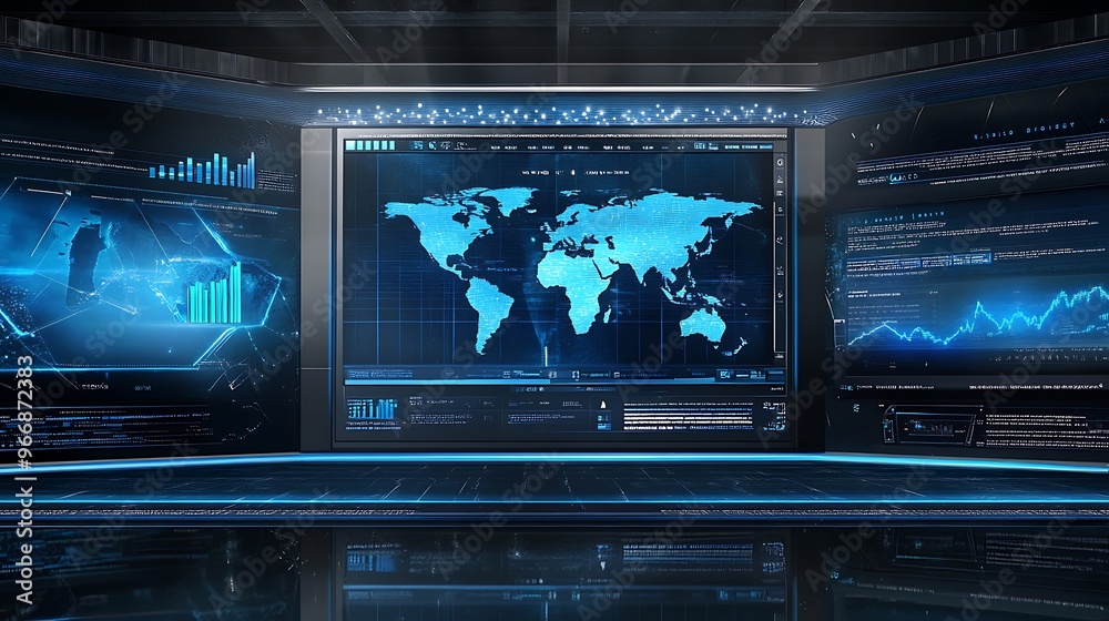 Poster Futuristic Control Room with World Map and Data Displays