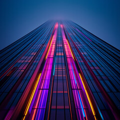 Low-angle view of a skyscraper with neon accents disappearing into fog