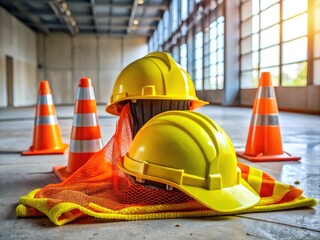 Yellow hard hat and orange vest with reflective strips laid on a concrete floor, surrounded by caution cones and safety netting in a construction site.