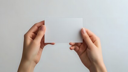 A person's hands holding a blank white card, isolated on a white background.