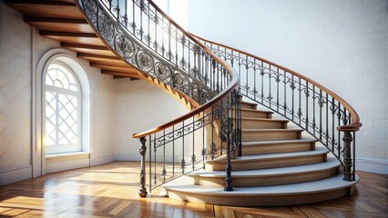 Winding staircase with ornate metal railing and wooden steps curves upwards, set against a bright...