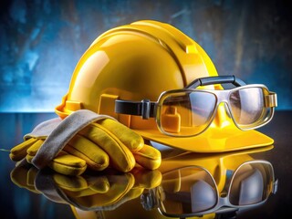 Yellow hard hat, safety glasses, earplugs, and protective gloves are carefully arranged on a reflective surface, emphasizing importance of workplace safety and personal protective gear.