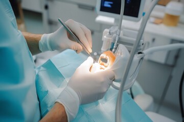 Orthodontist Adjusting Braces on Patient in Modern Dental Clinic with Advanced Equipment. Professional Dental Care Scene Showing Precision Instruments and Comfortable Patient Environment.