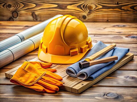 Yellow hard hat, orange vest, and protective gloves rest on a construction site's wooden plank, surrounded by scattered blueprints and tools, emphasizing safety on the job.