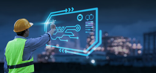Fototapeta premium Engineer using computer laptop planning analyzing strategy using computer technology, technician factory industry worker, dark blue banner background, ui graphics display interface futuristic tech.
