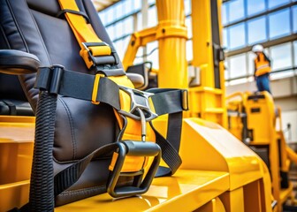 Yellow safety harness with black seat belt secured to heavy machinery, emphasizing industrial safety protocols and precautionary measures in high-risk work environments.