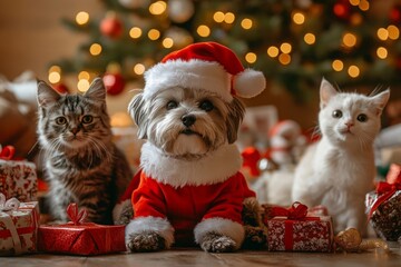 Festive Pets in Christmas Costumes by Decorated Tree