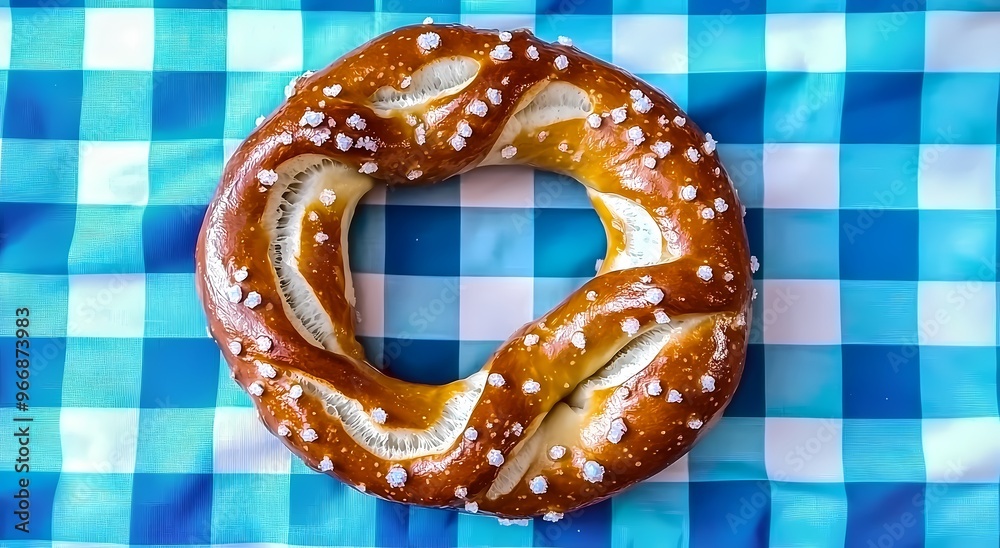 Wall mural freshly baked soft pretzel on a blue checkered tablecloth.