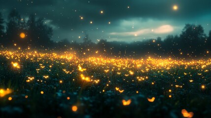 A Field of Fireflies Glowing Under a Night Sky