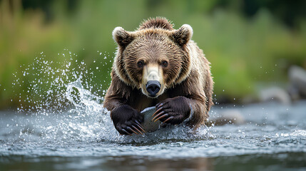 Fototapeta premium Brown Bear Catching Salmon in River Water Splash