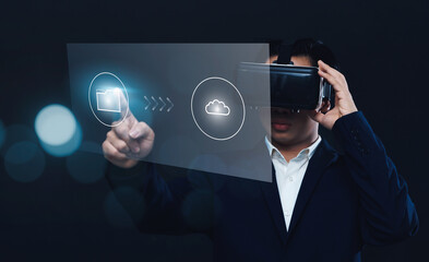 Businessman worker using VR virtual reality augment headset gear folder data and document management system DMS, information computer system storage data technology, document sharing and transfer